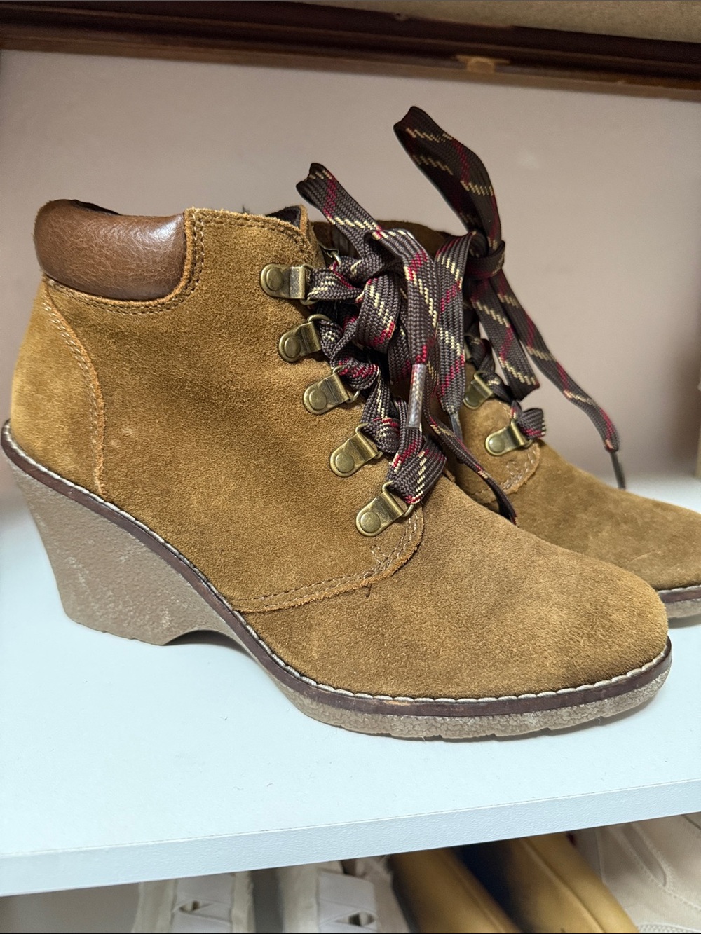 White Mountain Tan Suede Wedge Lace-Up Ankle Boot